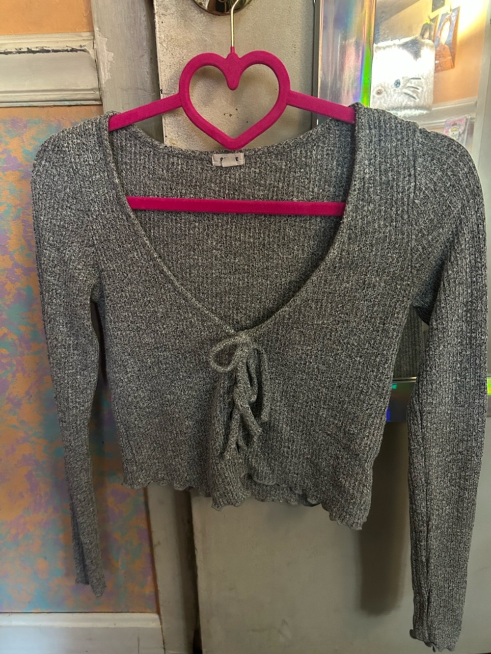 Garage Gray Ribbed Tie-Front Long Sleeve Top